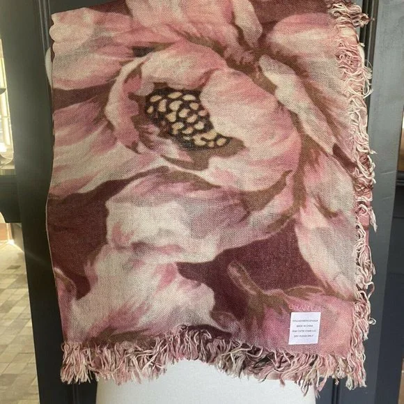 New Authentic Chan Luu Peony Floral Print Cashmere Silk Scarf Color: Tawny Port - Picture 5 of 7